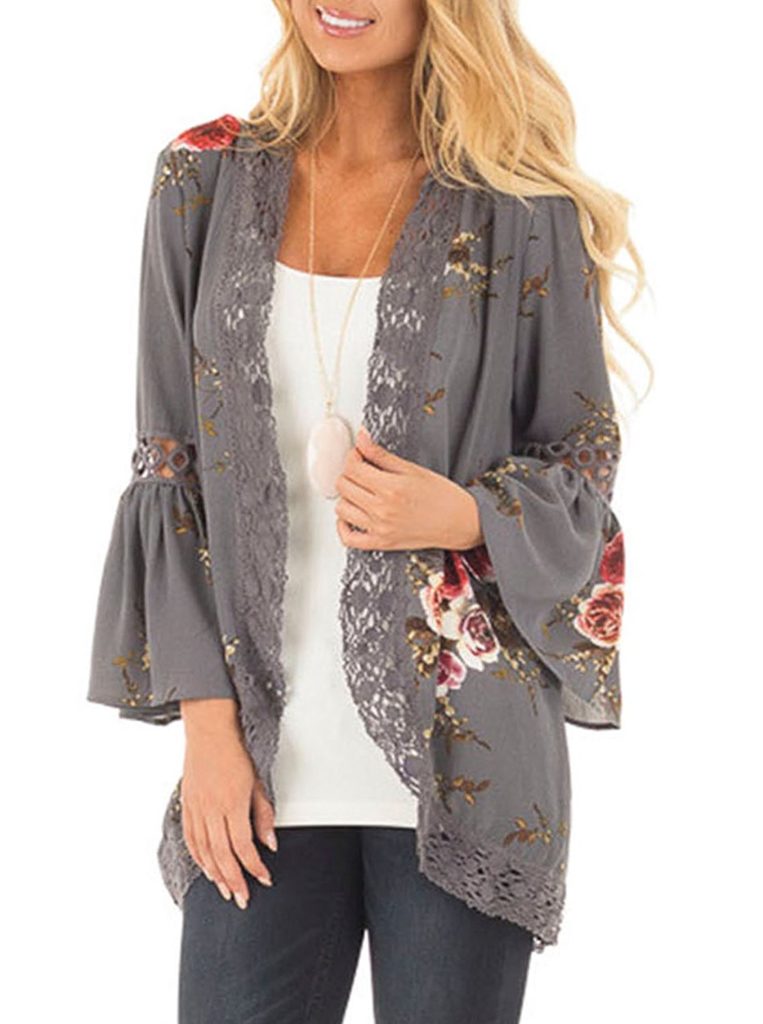 Yonala Women's Boho Lace Patchwork Floral Print Coat Tops Casual Kimono