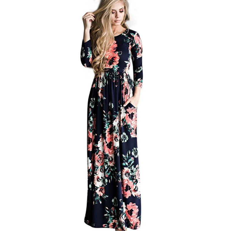 DREAMLOVER Women Floral Print Retro Long Dress Long Sleeve Casual Maxi ...