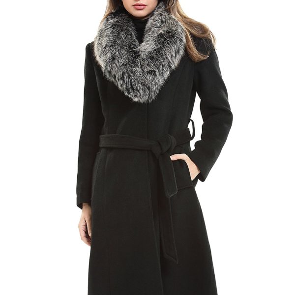 Escalier Women's Trench Long Wool Coat with Fox Fur Collar ...