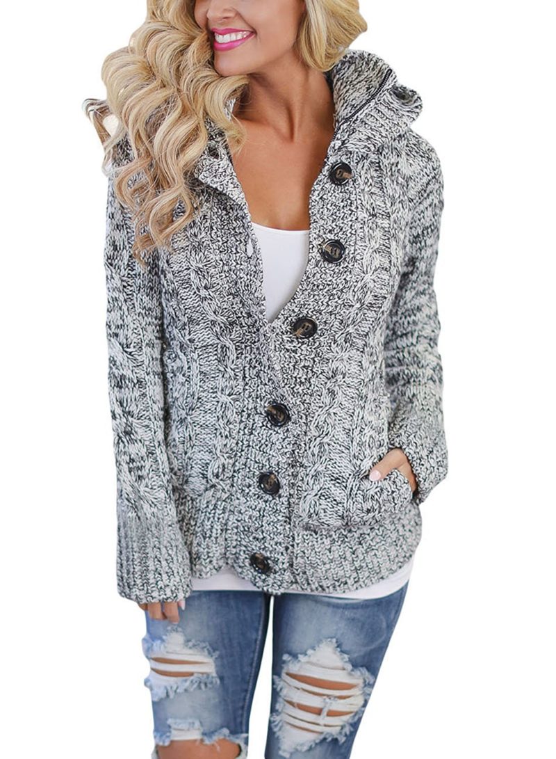Asvivid Women’s Hooded Cable Knit Button Down Cardigan Sweaters Fleece ...