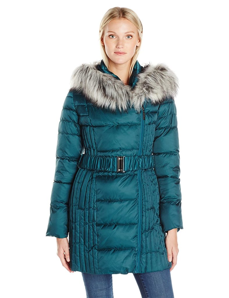 Betsey Johnson Women’s Asymmetrical Belted Puffer With Faux Fur Trim ...