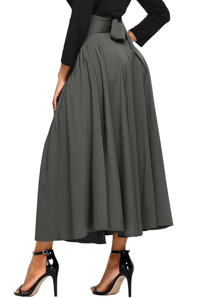 Asvivid Women's High Waist Pleated A Line Long Skirt Front Slit Belted