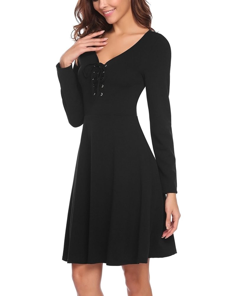 Se Miu Women Lace Up Fit And Flare Long Sleeve V Neck Casual A Line Swing Dress Shop2online 4233