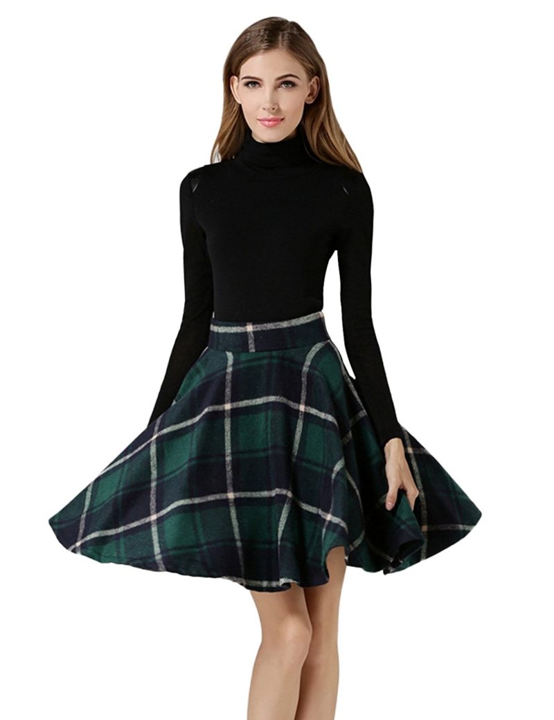 Tanming Women's High Waisted Wool Check Print Plaid Aline Skirt ...