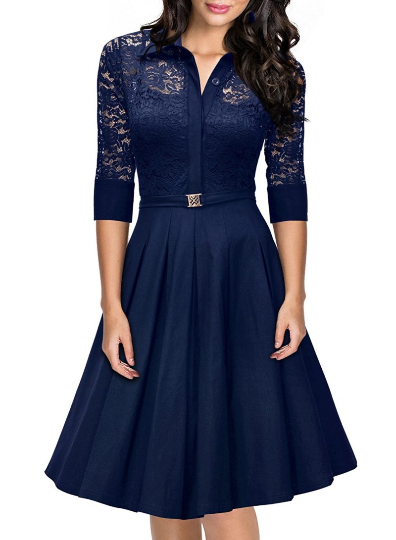 MissMay Womenâs Vintage 1950s Style 3/4 Sleeve Black Lace Flare A-Line Dress â Shop2online best 