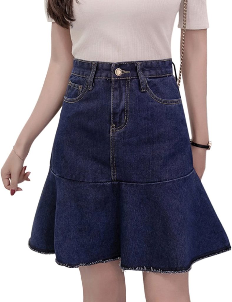 Tanming Women’s Above Knee Length Ruffle Hem A-Line Denim Skirt ...