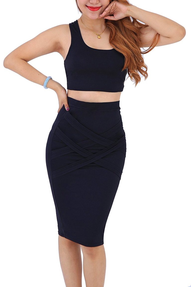 Yming Womens Crop Top Midi Skirt Outfit Two Piece Bodycon Bandage Party Dresses Shop2online