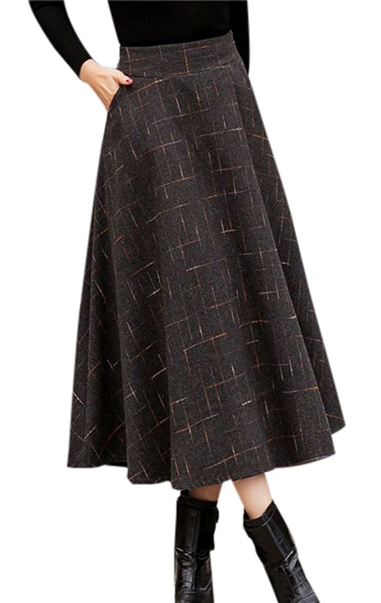 Gihuo Women’s High Waist A-Line Flared Plaid Pleated Long Skirt Winter ...