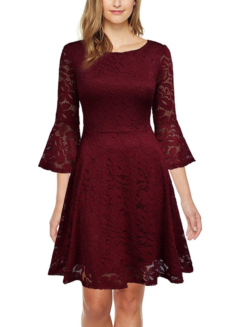 WOOSEA Women's Elegant Full Lace Bell Sleeve Big Swing A-Line Dress ...