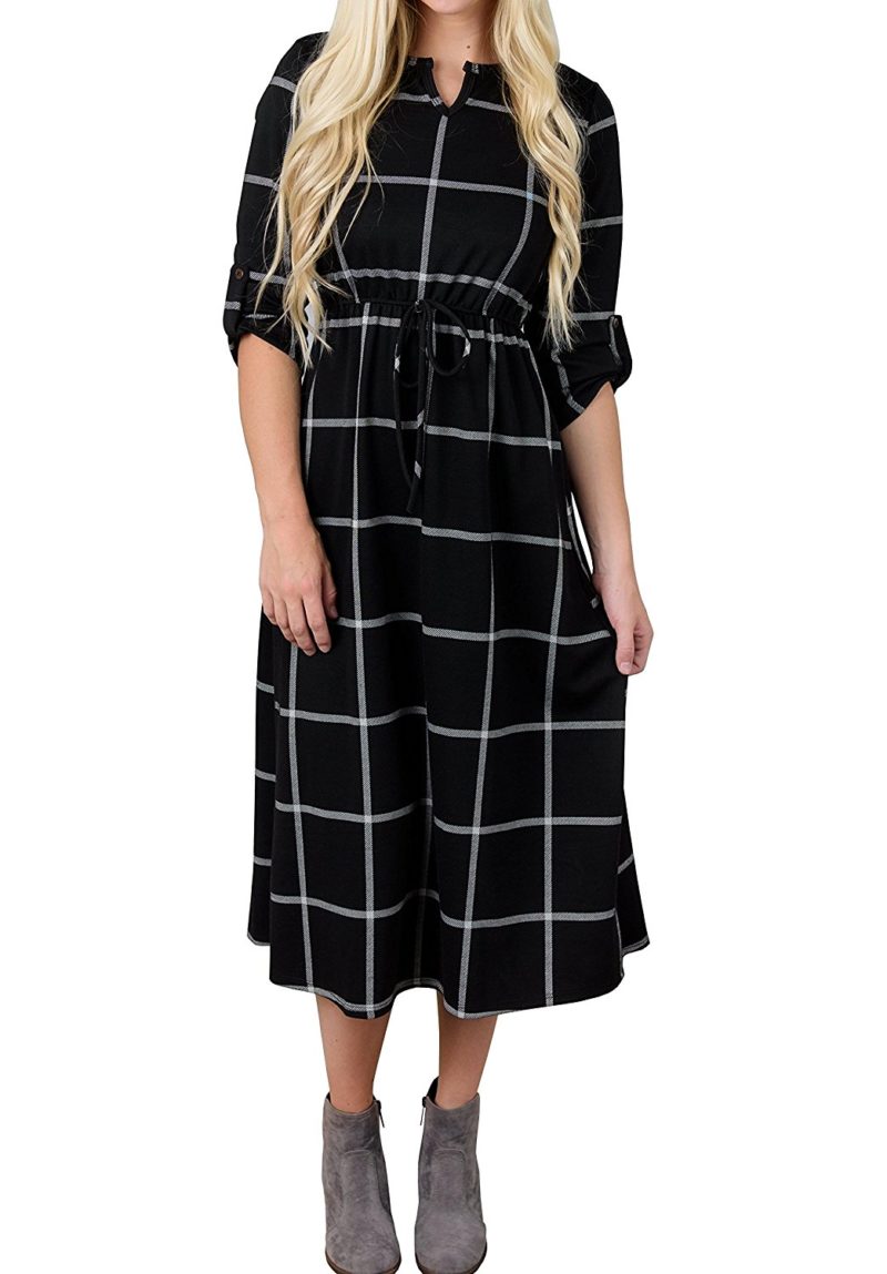 Womens Dresses Casual Checkered Plaid Long Sleeve Swing Empire Waist