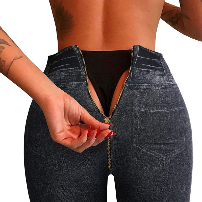 Huiyuzhi Womens Sexy Back Zipper Denim Print Fake Jeans Leggings 1128